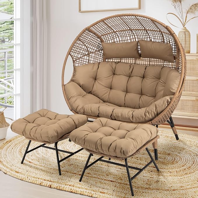 NICESOUL Double Egg Chair with Footstools & Cushions, Oversized Wicker Boho - Image 4