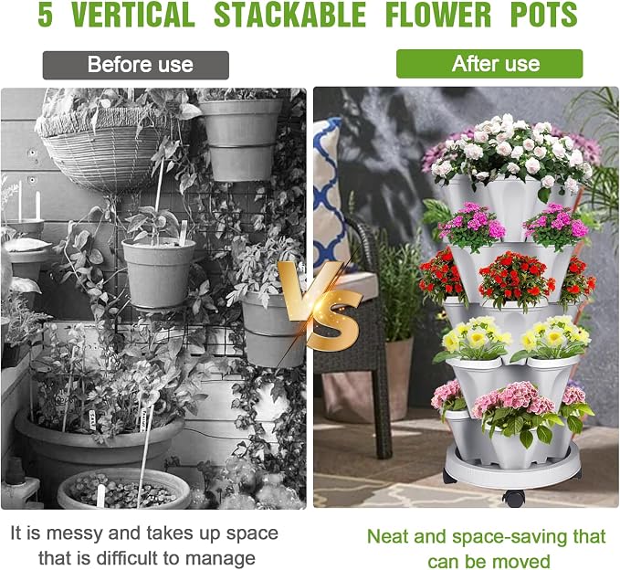 Vertical Strawberry Planter 5 Tier Stackable Tower Herb Planters-Stacking - Image 6