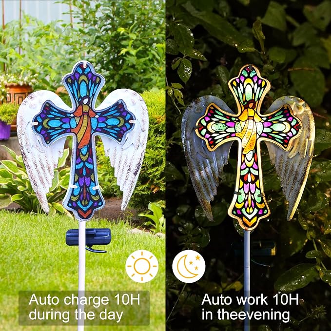 YJFWAL Solar Glass Cross Garden Stake Light, Cemetery Decorations - Image 2