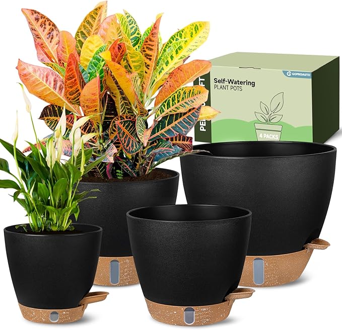 Self-Watering Pots for Indoor Plants 4 Pack, 6/8/10/12 Inch Outdoor Planters by GOPROAUTO