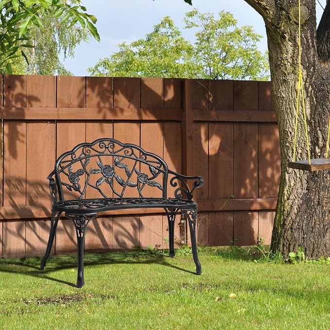 VINGLI 38.5" Patio Park Garden Outdoor Metal Rose Bench, 2-Person Cast Iron - Image 7
