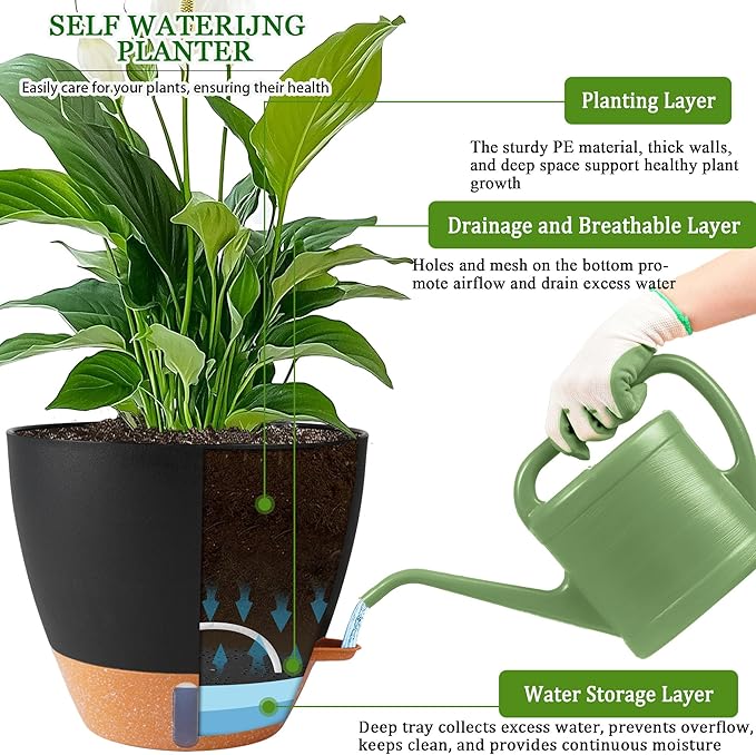 2 Pack 10 inch Plant Pots, Plastic Self Watering Planters - Image 3