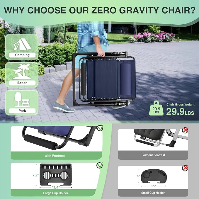 Suteck Oversized Zero Gravity Chair, 29In XL Outdoor Recliner Chair w/Removable - Image 5