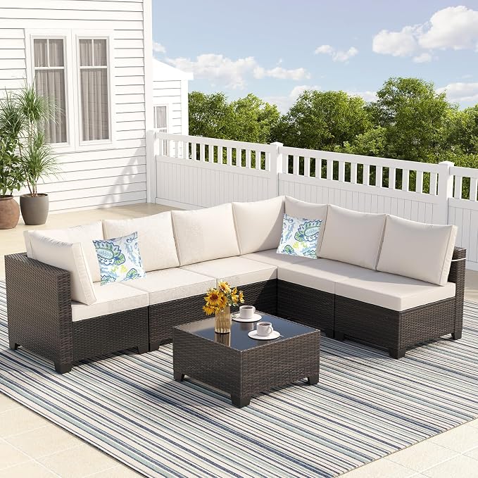 7 Pieces Outdoor Conversation Sectional Rattan Sofa, Patio Furniture Set by Ophelian
