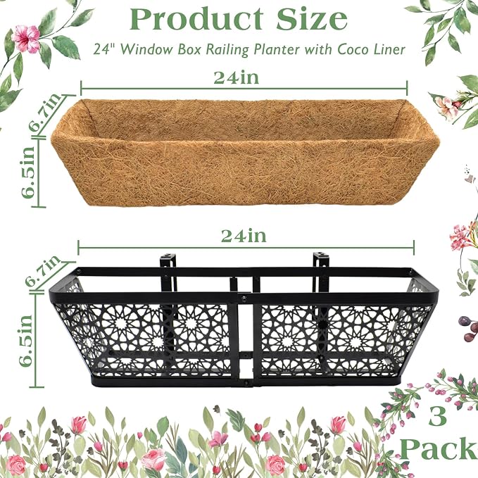 ZeeDix 3 Pack Metal Window Box for Railings, 24 Inch Over Railing Planter Boxes - Image 3