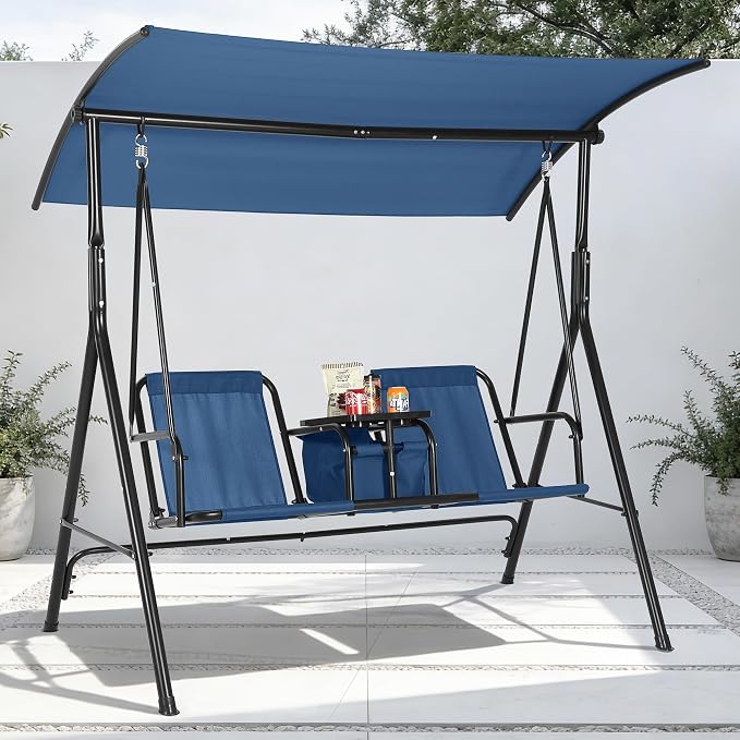 Porch Swing with Cup Holders & Pivot Storage Table & Cooler Bag with Adjustable by Garvee
