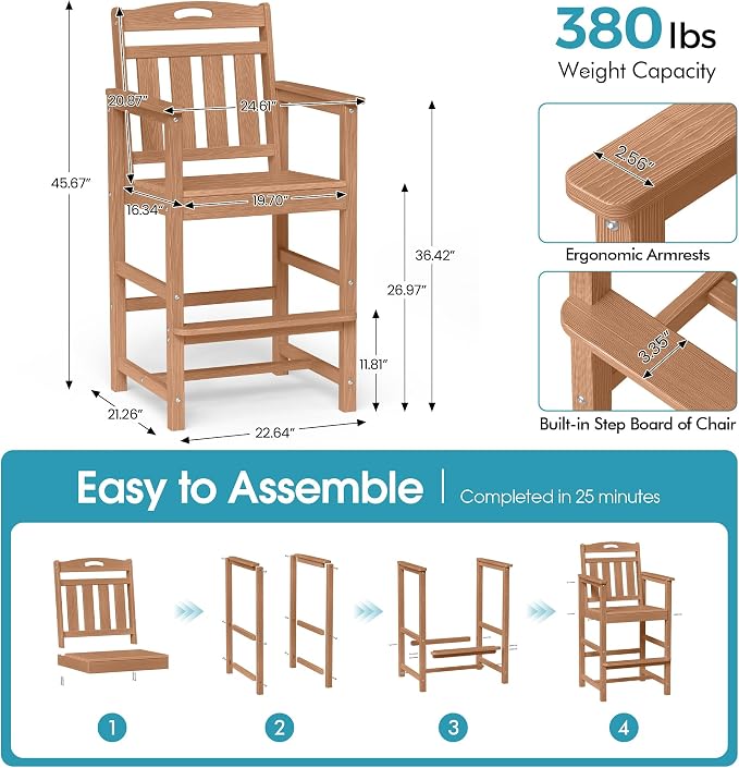 Ciokea Heavy Duty Bar Height Chair, 380lbs Outdoor Adirondack Tall Bar Chair - Image 2