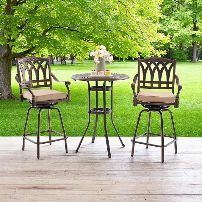 3 Piece Swivel Outdoor Table and Chairs Bar Set, All-Weather Cast Aluminum - Image 8