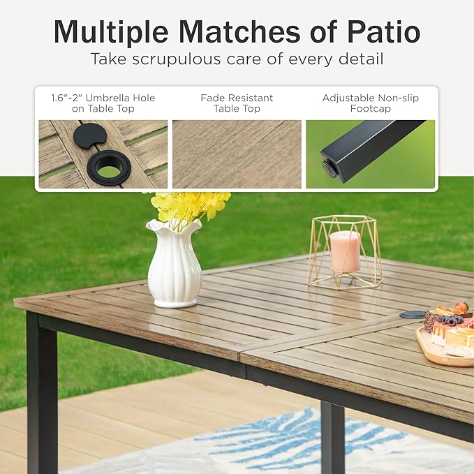 PHI VILLA Outdoor Dining Set for 6 Person, Wooden Texture Metal Table - Image 3