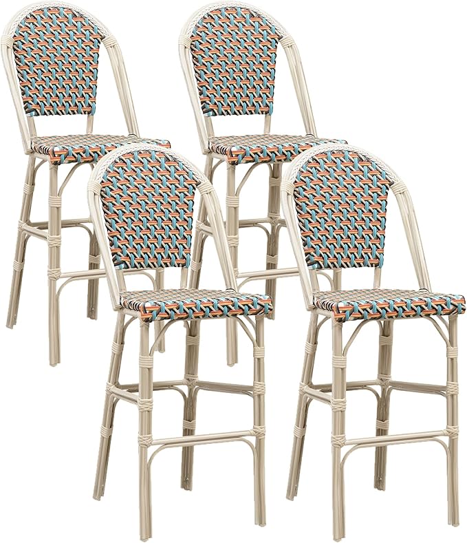 PURPLE LEAF French Bar Stool Set of 4 White Print Finish Patio Bar Stools by PURPLELEAF
