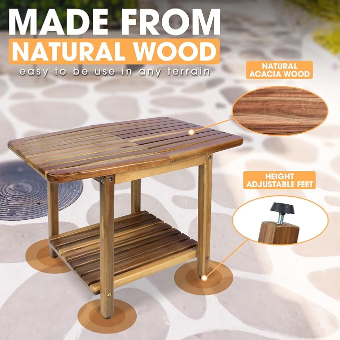 ENKEZI Acacia 24 Inches Outdoor Side Table, 2-Tier Sturdy Patio, End Table - Image 6