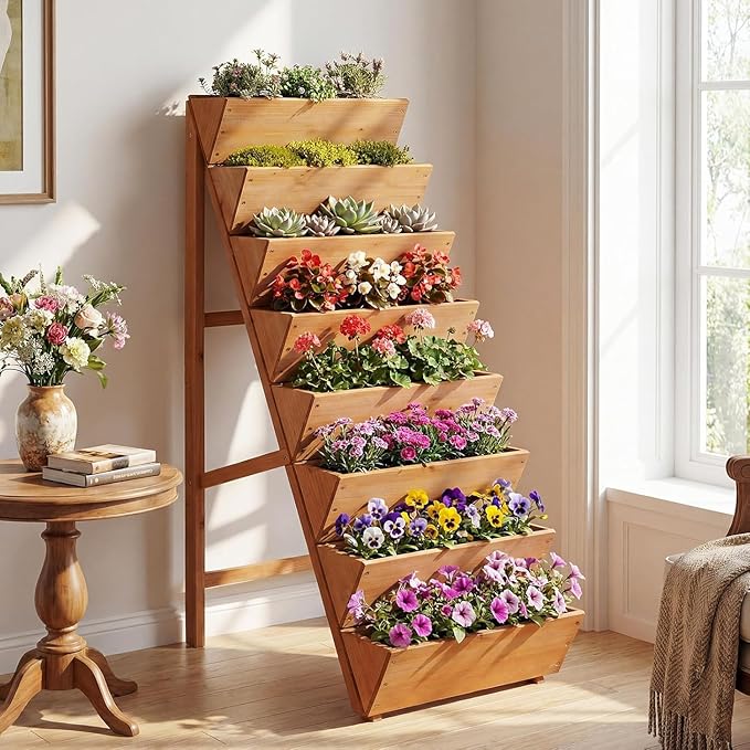 Giantex 8-Tier Wooden Vertical Raised Garden Bed Set of 2, Freestanding Plant - Image 2