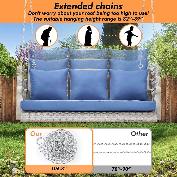 Heavy Duty 900 LBS Porch Swing Chair 3-Person Outdoor Rattan Patio Swing Lounge - Image 5