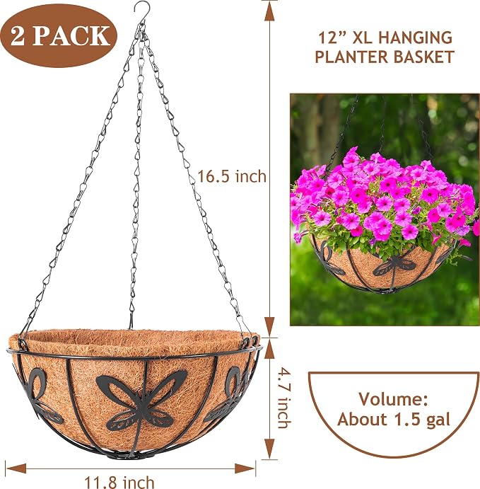 Hanging Baskets Planter for Plants, 2 Pack 12 Inch Round Metal Wire Hanging - Image 2