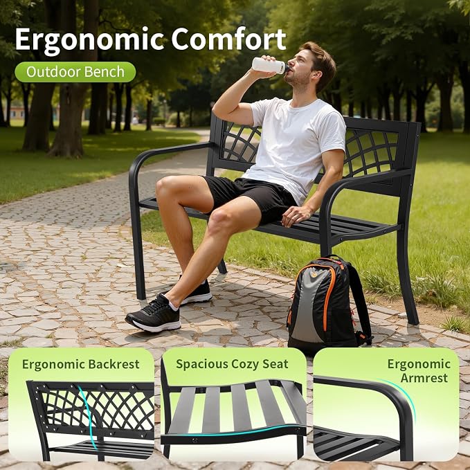 Garden Bench, Outdoor Benches, Iron Steel Frame Patio Bench - Image 5