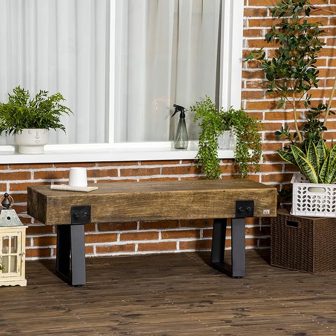 HOMCOM Garden Bench with Metal Legs, Rustic Wood Effect Concrete Entryway Bench - Image 2