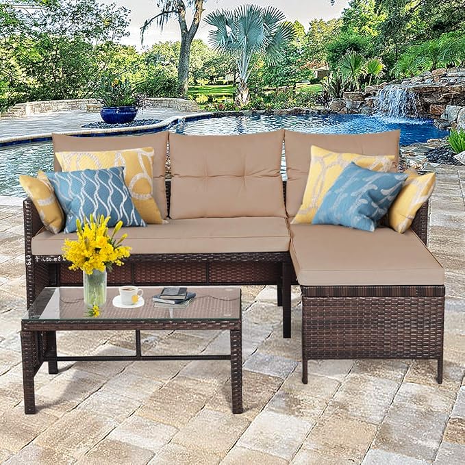 Tangkula Patio Corner Sofa Set 3 Piece, Outdoor Rattan Sofa Set, Includes - Image 2