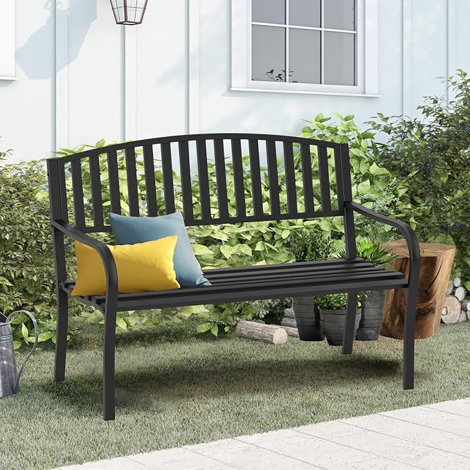 On Shine 50'' Outdoor Bench Weatherproof, Cast Iron All Metal Frame Garden Bench - Image 7