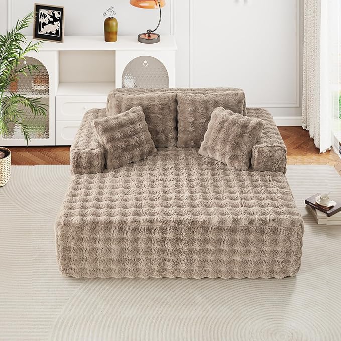 56" W Oversized Chaise Lounge Chair Indoor, Plush Faux Fur Sleeper Couch Sofa - Image 9