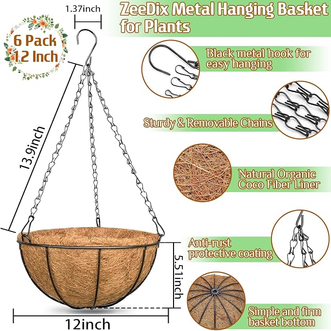 ZeeDix 6 Pack 12 Inch Metal Round Hanging Planter Basket - Image 2