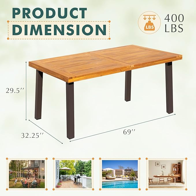 Flamaker Dining Table for 6 Acacia Wood Indoor Outdoor Home Kitchen Table - Image 2