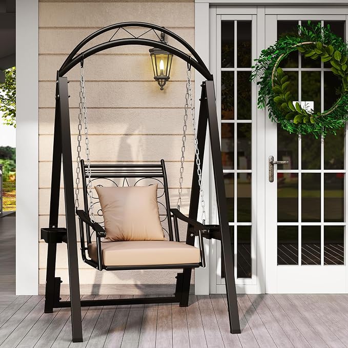 Tangkula Porch Swing with Stand, Outdoor Patio Swing with Heavy-Duty Metal Frame - Image 2