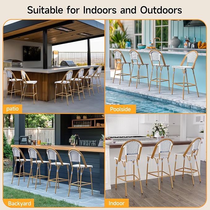 ONBRILL French Outdoor Bar Stool Set of 4, Patio Counter Height Chairs - Image 8