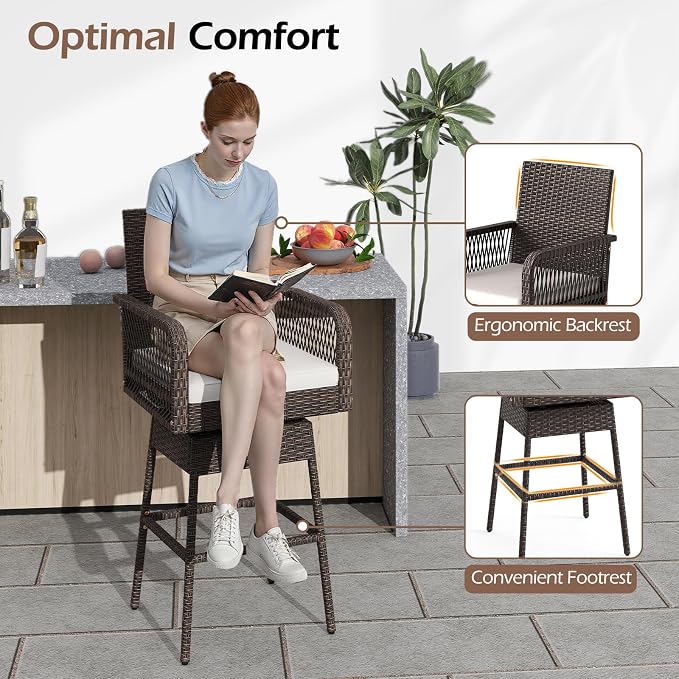 ORALNER Outdoor Wicker Swivel Bar Stools Set of 2, Footrest & Seat Cushion - Image 4
