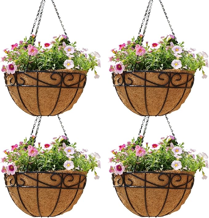 4 Pack 14 Inch Hanging Baskets for Plants Outdoor Metal Hanging Planter Hanging by Qusuxi