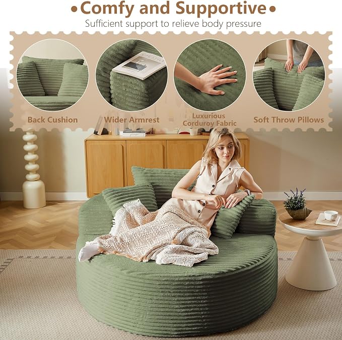 Oversized Round Chair Lounge Chaise Indoor, Upholstered Corduroy Deep Seat - Image 5