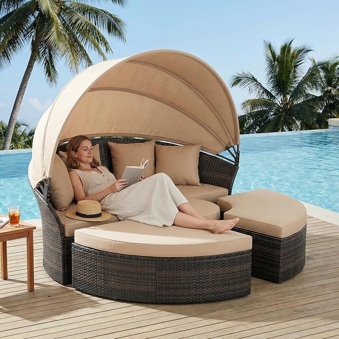 Crownland Outdoor Daybed with Retractable Canopy, Patio Round Daybed with - Image 2