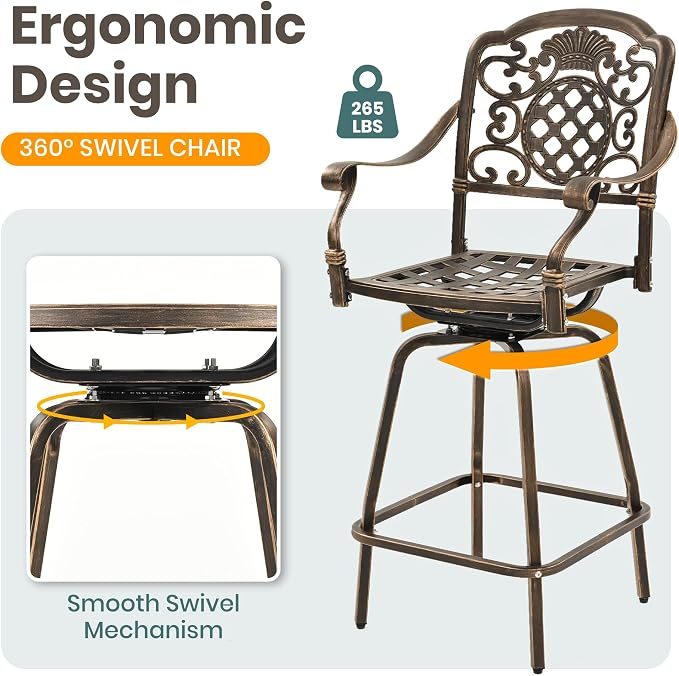 Pamapic 3-Piece Patio Swivel Bar Stools Set，Rustproof Cast Aluminum Patio Bar - Image 5