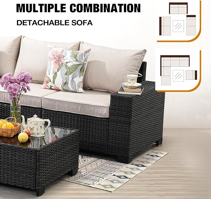 7 Pieces Patio Furniture Set All-Weather Outdoor Wicker Sectional Conversation - Image 6