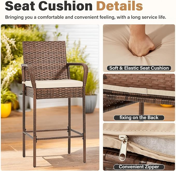 ECOTOUGE Patio Rattan Barstools Set of 4, Outdoor Wicker Bar Height Chairs - Image 2