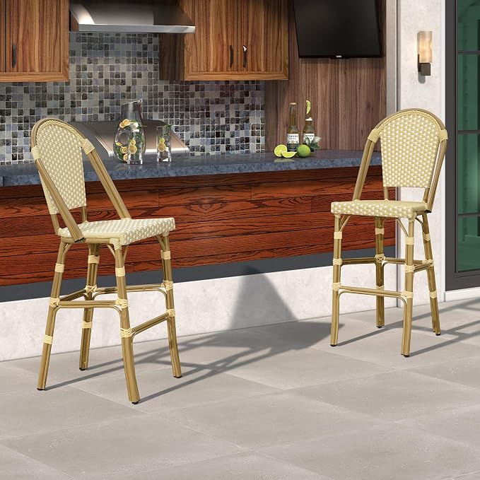 PURPLE LEAF French Bar Stool Set of 2 Bamboo Print Finish Patio Bar Stools - Image 2