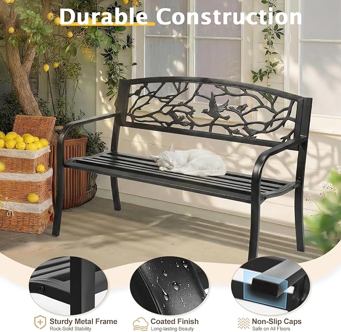 VINGLI Outdoor Bench for Patio Metal Garden Bench w/PVC Back Pattern - Image 5