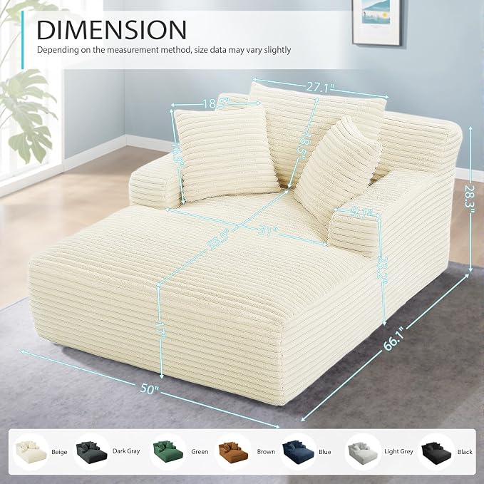 50 Inch Chaise Lounge Chair Indoor, Oversized Corduroy Upholstered Boneless - Image 2