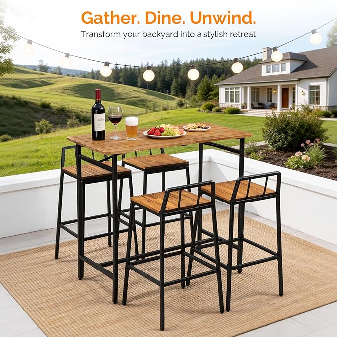VINGLI 5 Pieces Outdoor Patio Bar Set, Acacia Wood Outdoor Dining Set Patio - Image 6