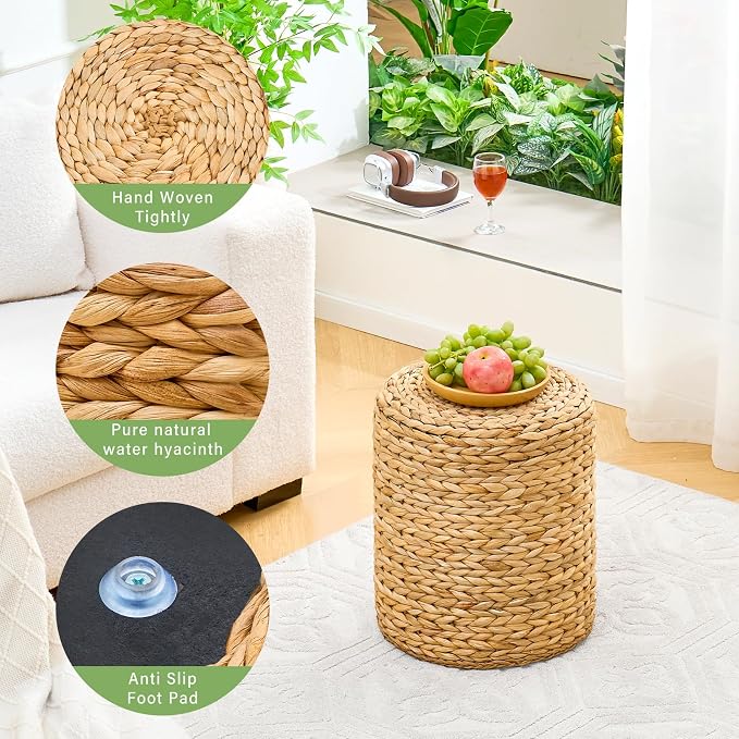 Wimarsbon Round Pouf Ottomans, Handwoven Natural Water Hyacinth Seagrass Pouffe - Image 6