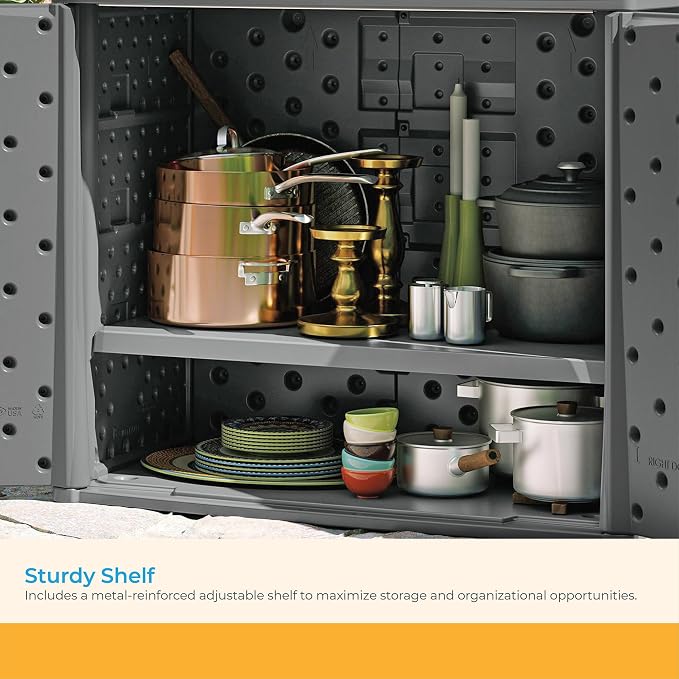 Suncast Resin Outdoor Storage Cabinet, Cool Gray Wicker Resin Outdoor Cabinet - Image 6