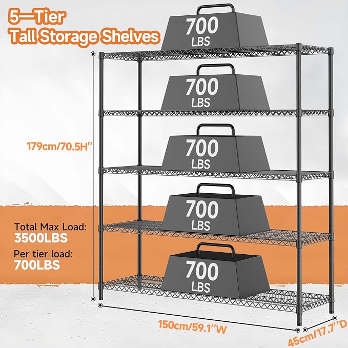 3500LBS 59" W 5 Tiers Storage Shelves, Metal Shelving Wire Metal Shelving Unit - Image 3