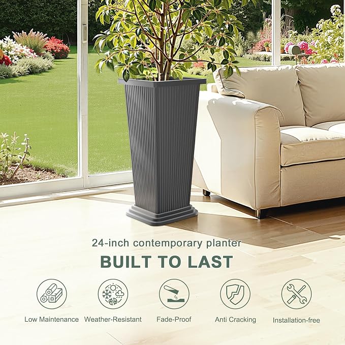 Set of 2 Tall Planters with Drainage Tray, 24 Inch Large Flower Pots - Image 3