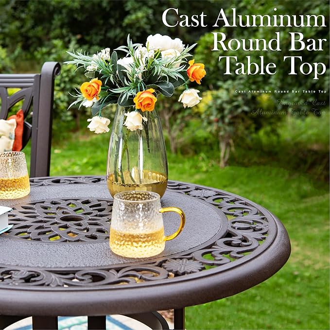 PHI VILLA 32" Cast Aluminum Patio Bar Table, Pub Height Bistro Round Table - Image 2