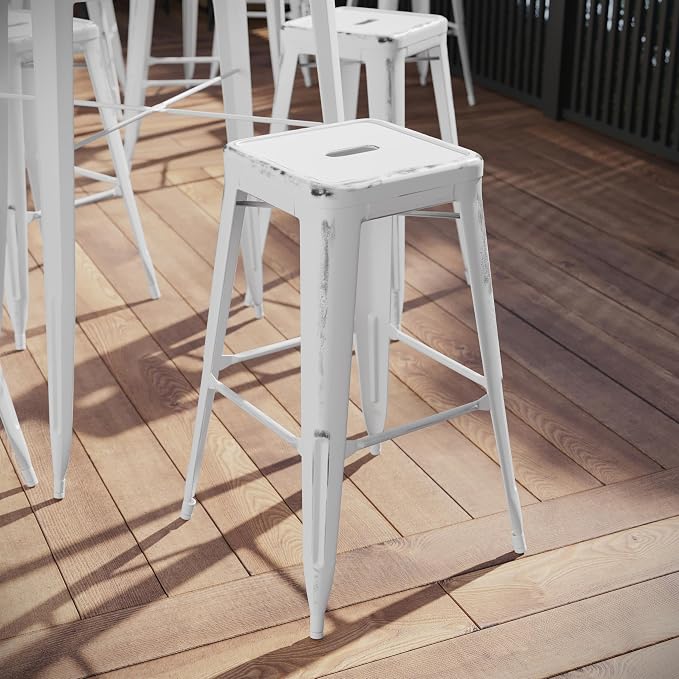 Flash Furniture Kai Commercial Grade 30" High Backless Distressed White Metal - Image 2