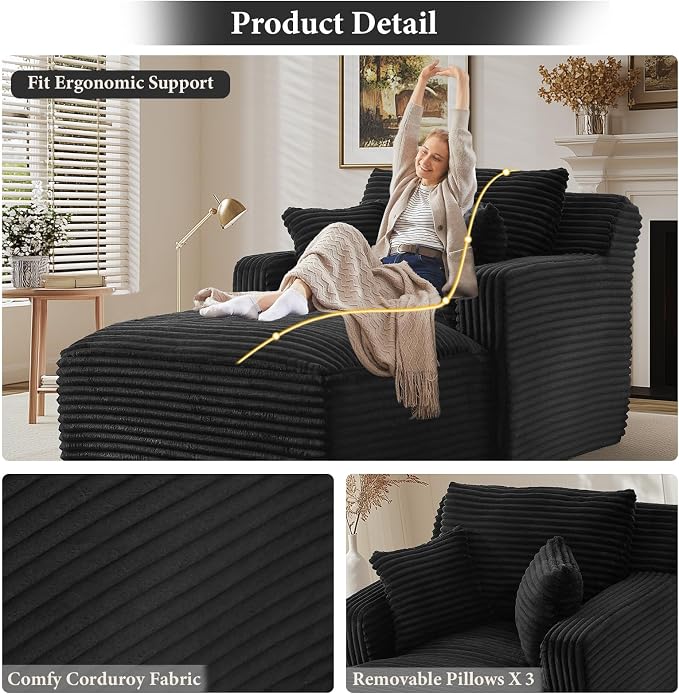 65.4" Chaise Lounge Chair Indoor, Oversized Boneless Couch Comfy Upholstered - Image 5