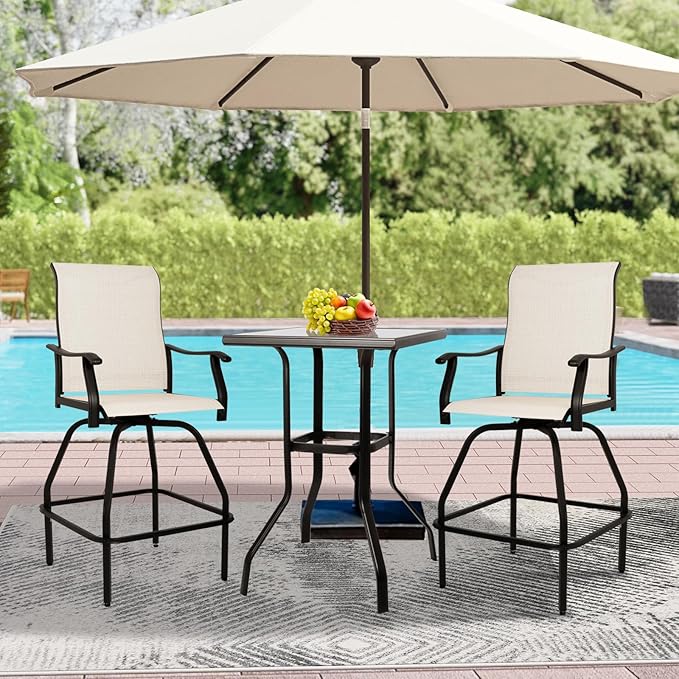 LEVELEVE Patio Bar Set 3pcs Swivel Bar Stools Outdoor Bistro Textilene - Image 2