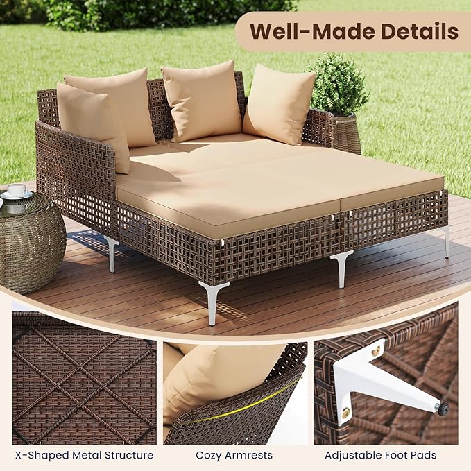 Tangkula Outdoor Rattan Double Daybed, Boho Wicker Chaise Lounge - Image 6