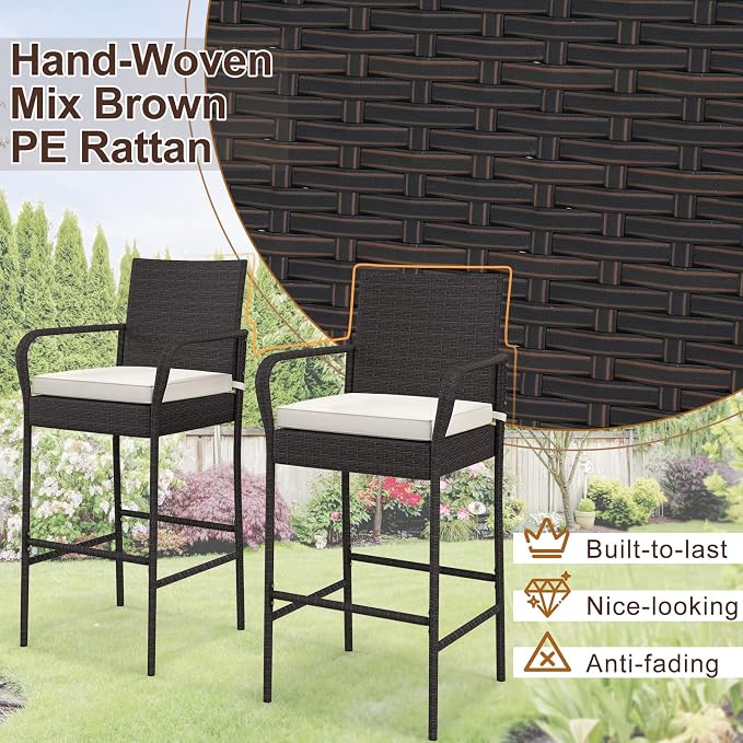 COSTWAY Wicker Bar Stools Set of 2, Patio Bar Height Chairs - Image 4