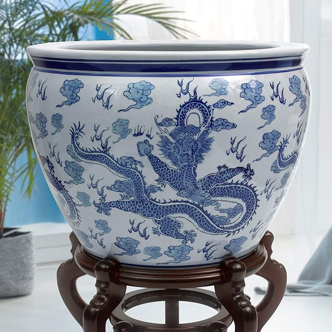 Red Lantern 14" Dragon Blue & White Porcelain Fishbowl Planter or Cachepot - Image 7