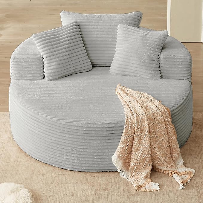 Oversized Round Chair Lounge Chaise Indoor, Upholstered Corduroy Deep Seat by Lakifun
